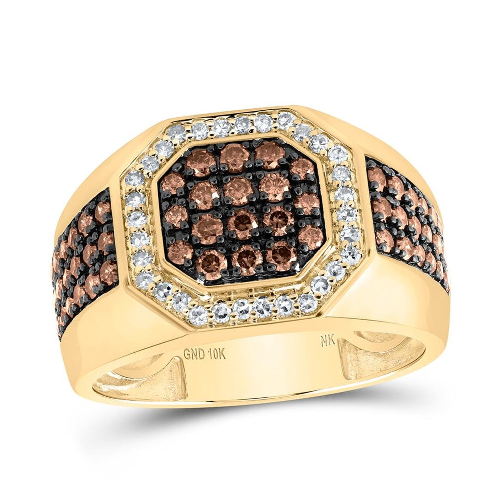 10K Yellow Gold Round Brown and White Diamond Ring - 1 and 1/5 Carat Total Diamond Weight
