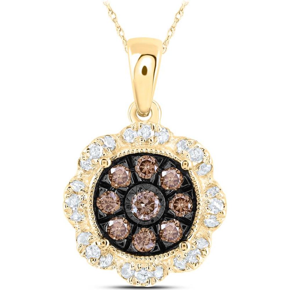 10K Yellow Gold Round Brown Diamond Cluster Pendant with White Diamond Halo - 1/3 Carat Total Weight