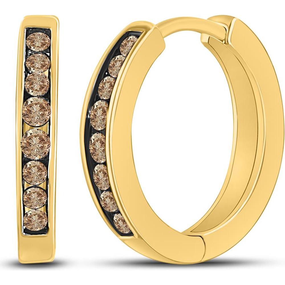 10K Yellow Gold Round Brown Diamond Hoop Earrings with Channel Set Round Diamonds - 1/4 Carat Total Diamond Weight