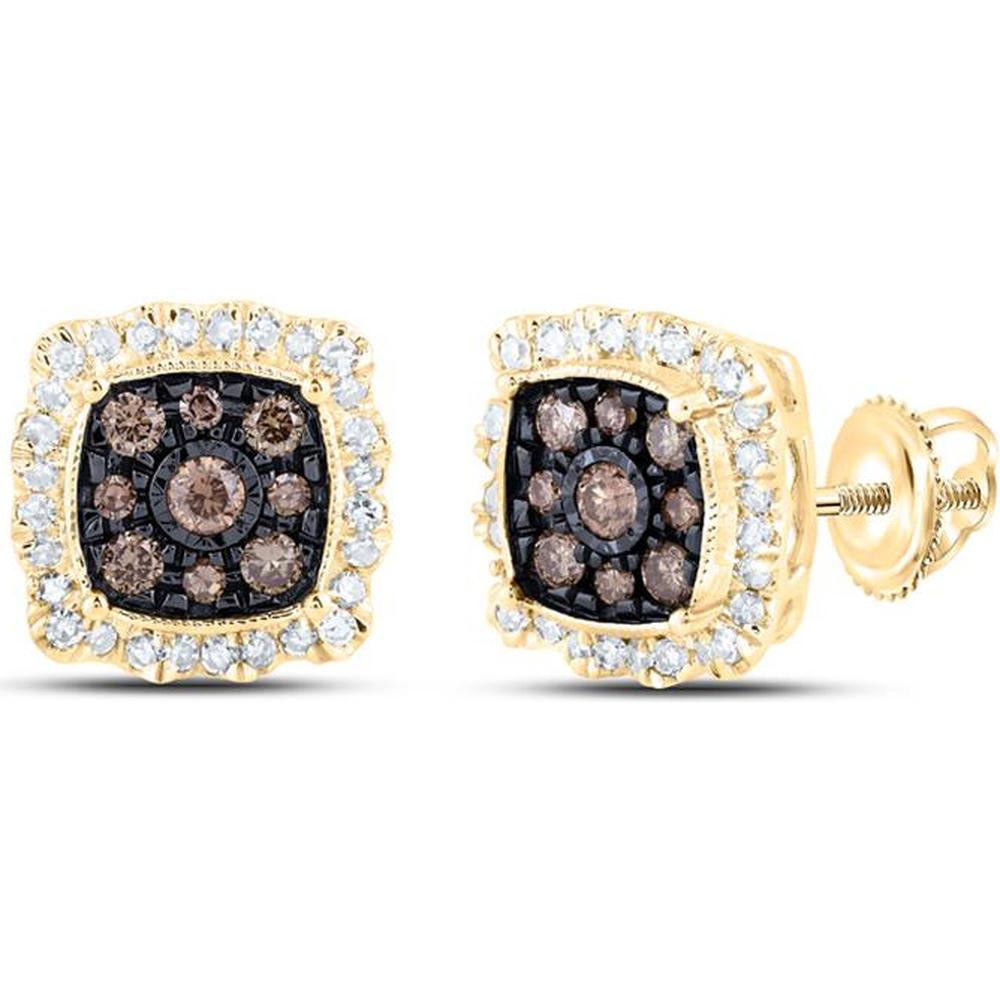 10K Yellow Gold Round Brown Diamond Square Earrings with White Diamond Accents - 5/8 Carat Total Diamond Weight