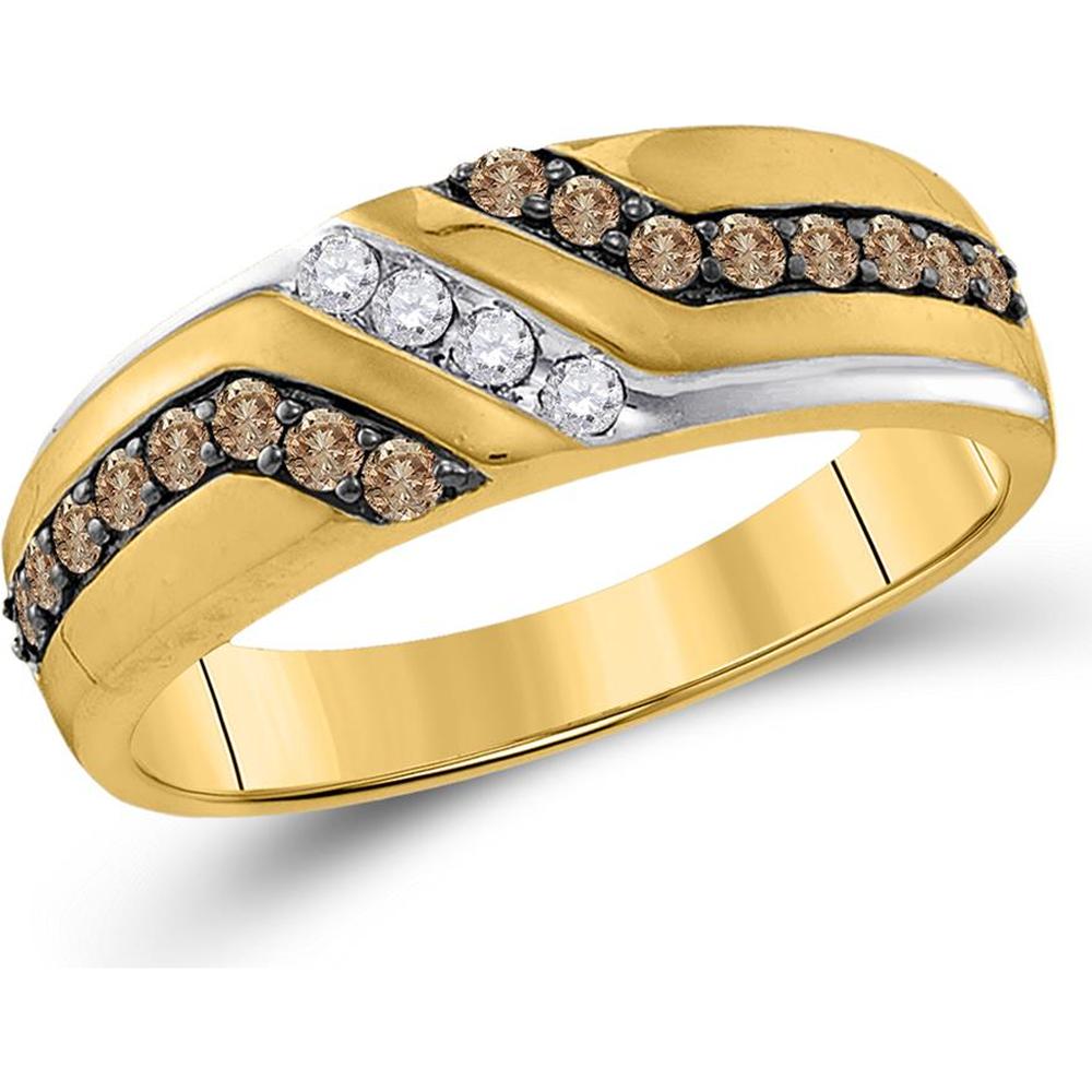 10K Yellow Gold Round Brown Diamond Wedding Band with Pave-Set Diamonds - 1/3 Carat Total Diamond Weight