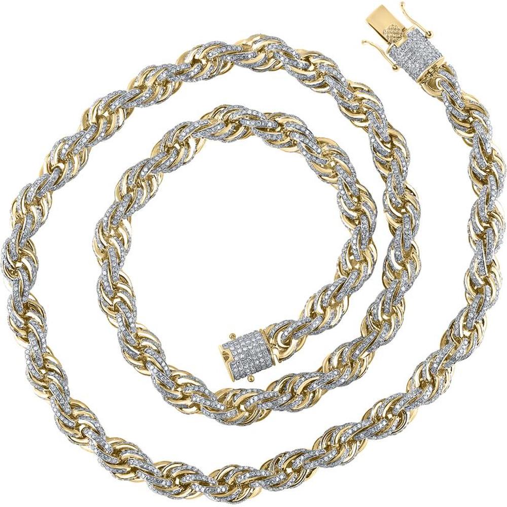 10K Yellow Gold Round Diamond 20-Inch Rope Chain Necklace with Pave-Set Round Diamonds - 16.18 Carat Total Carat Weight