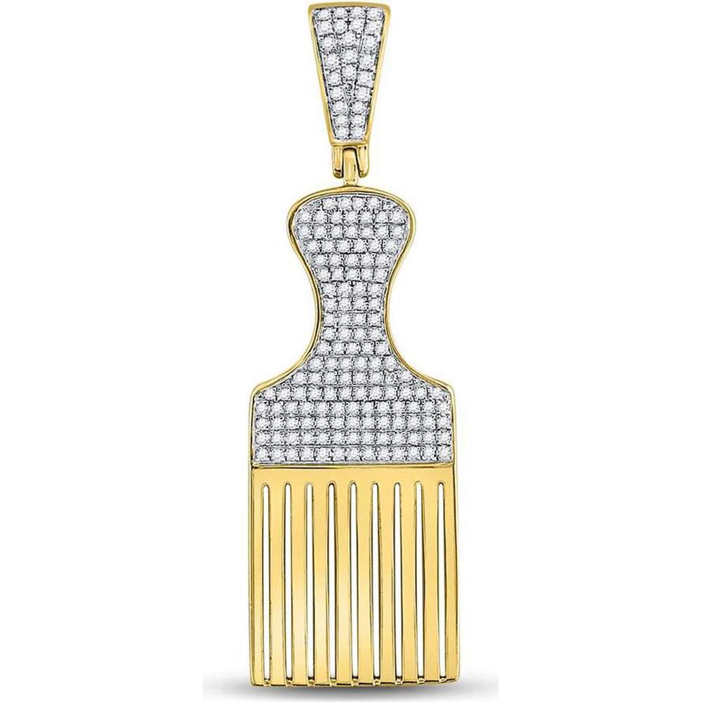 10K Yellow Gold Round Diamond Afro Hair Pick Charm Pendant with Pave-Set Diamonds - 1/2 Carat Total Diamond Weight