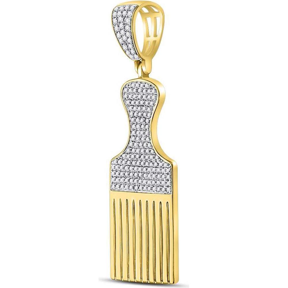 10K Yellow Gold Round Diamond Afro Hair Pick Charm Pendant with Pave-Set Diamonds - 1/2 Carat Total Diamond Weight