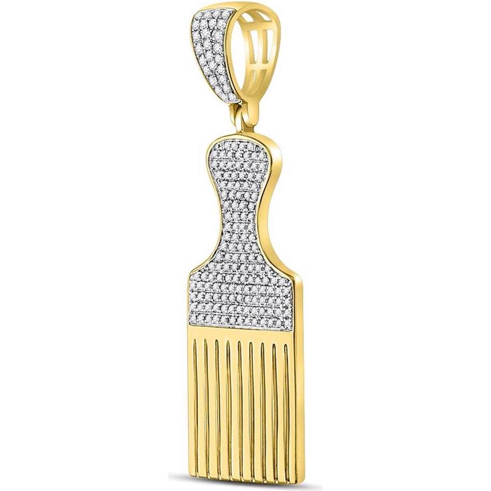 10K Yellow Gold Round Diamond Afro Hair Pick Charm Pendant with Pave-Set Diamonds - 1/2 Carat Total Diamond Weight