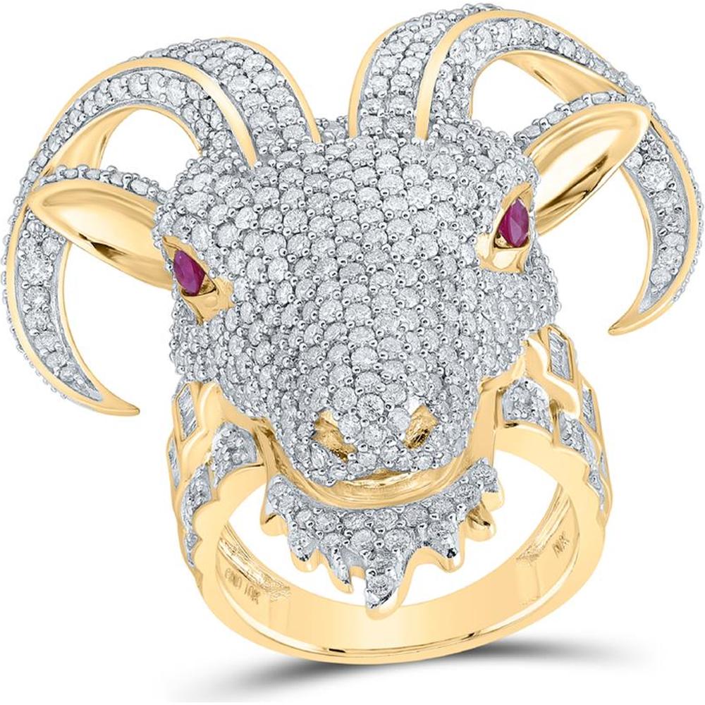 10K Yellow Gold Round Diamond and Ruby Ram Goat Animal Ring - 6.11 Carat Total Gemstone Weight
