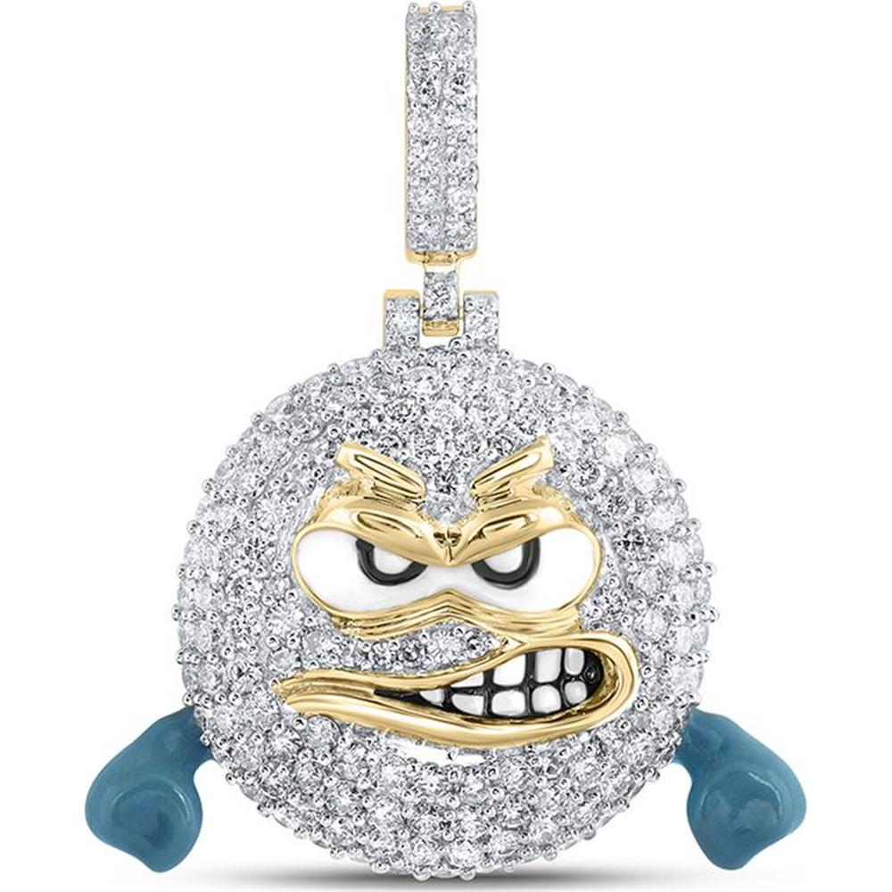 10K Yellow Gold Round Diamond Angry Emoji Charm Pendant with 1.82 Carat Total Diamond Weight