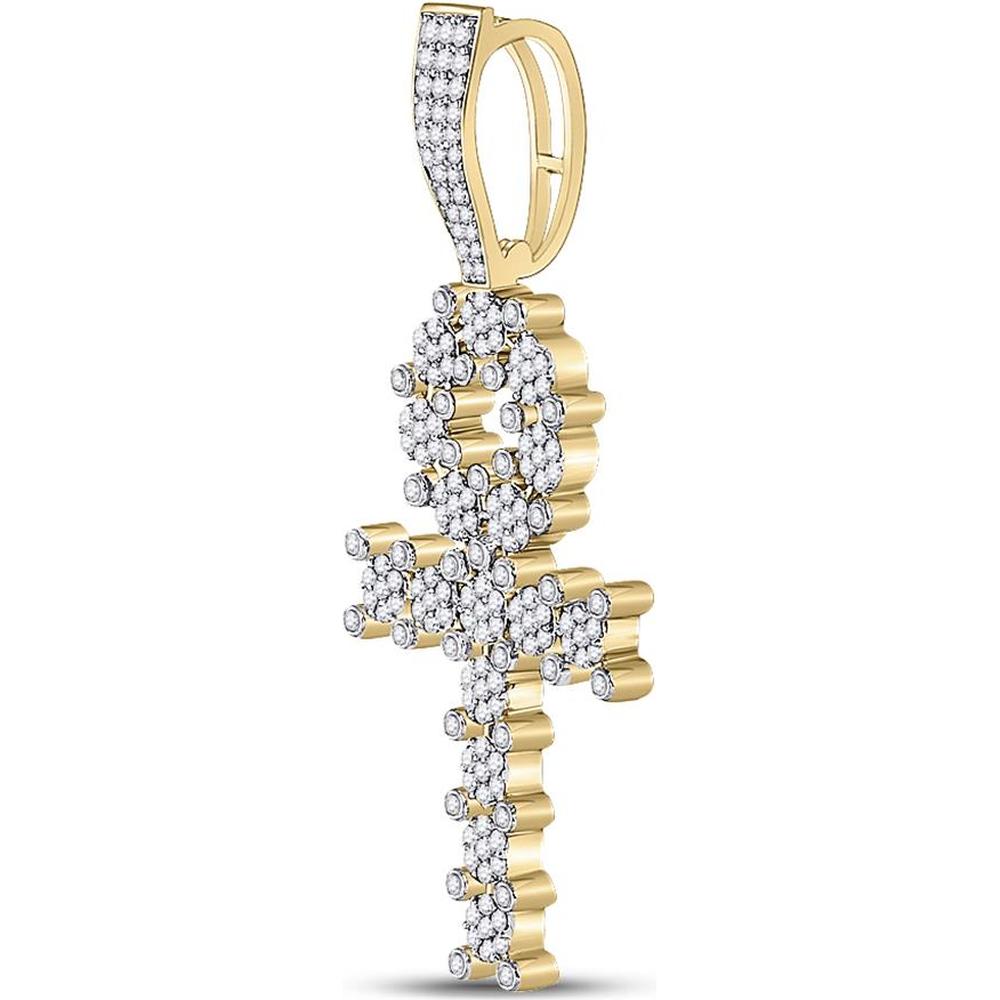 10K Yellow Gold Round Diamond Ankh Cross Charm Pendant - 1.06 Carat Total Diamond Weight