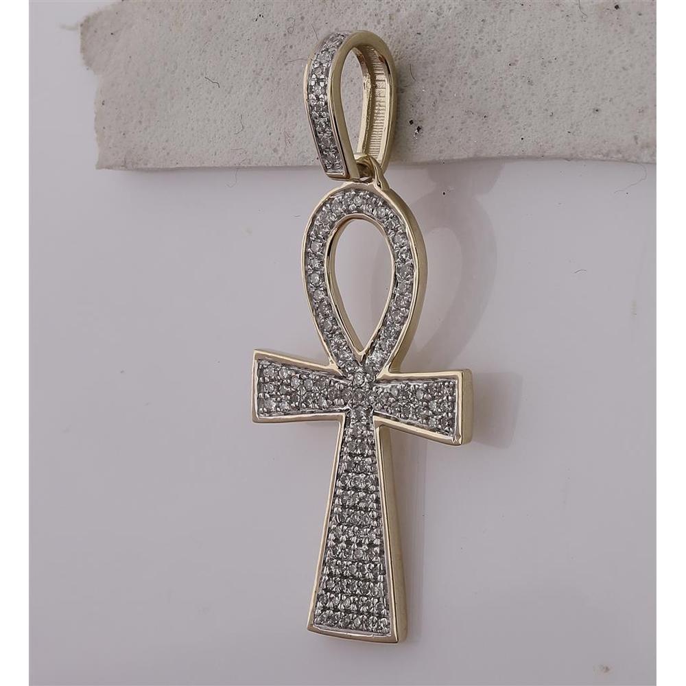 10K Yellow Gold Round Diamond Ankh Cross Charm Pendant - 1/3 Carat Total Diamond Weight