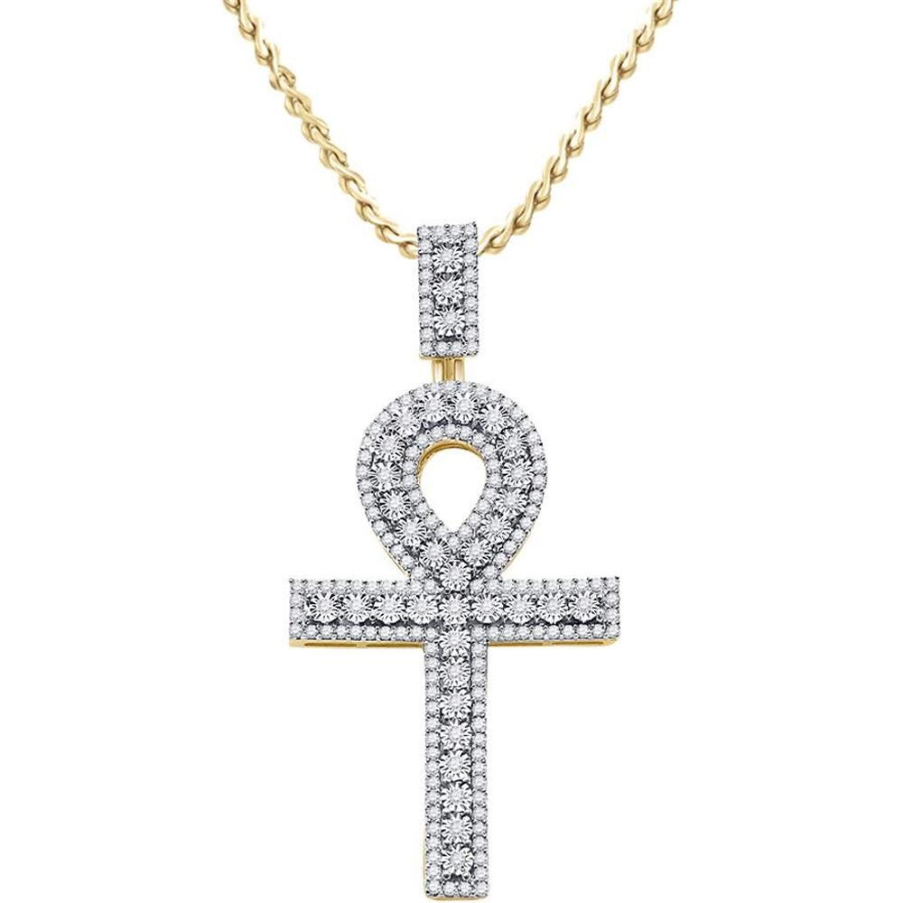 10K Yellow Gold Round Diamond Ankh Cross Charm Pendant - 1 Carat Total Diamond Weight