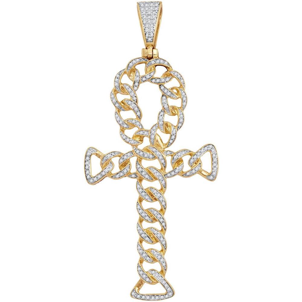 10K Yellow Gold Round Diamond Ankh Cross Cuban Link Charm Pendant - 0.85 Carat Total Diamond Weight