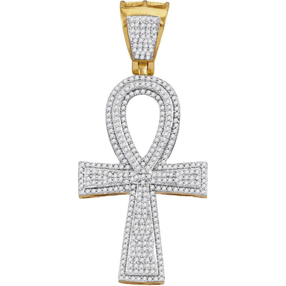 10K Yellow Gold Round Diamond Ankh Cross Pendant - 1 Carat Total Diamond Weight