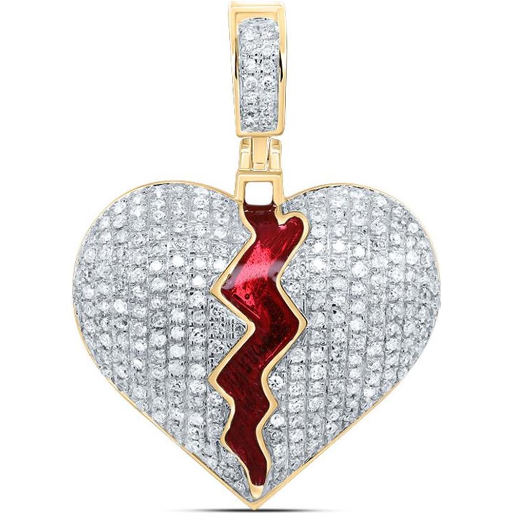 10K Yellow Gold Round Diamond Broken Split Heart Charm Pendant - 0.75 Carat Total Diamond Weight