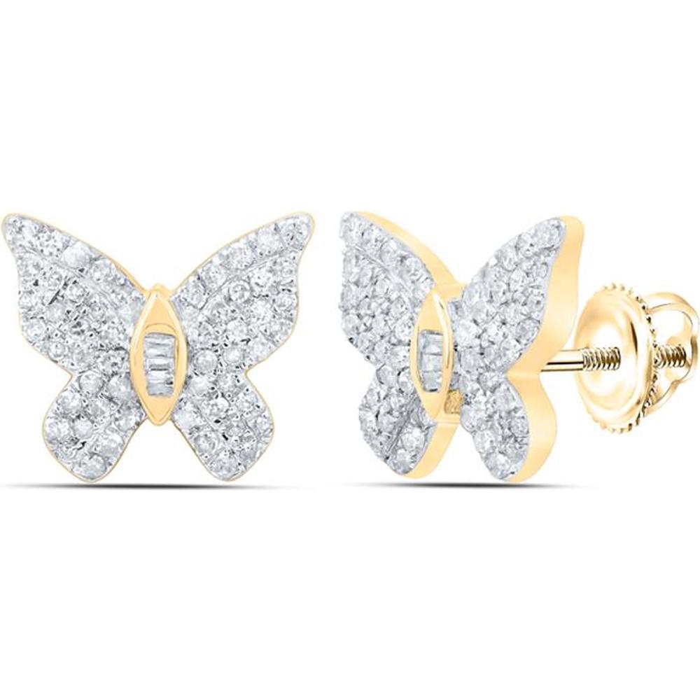 10K Yellow Gold Round Diamond Butterfly Earrings with Pave and Channel-Set Diamonds - 3/8 Carat Total Diamond Weight