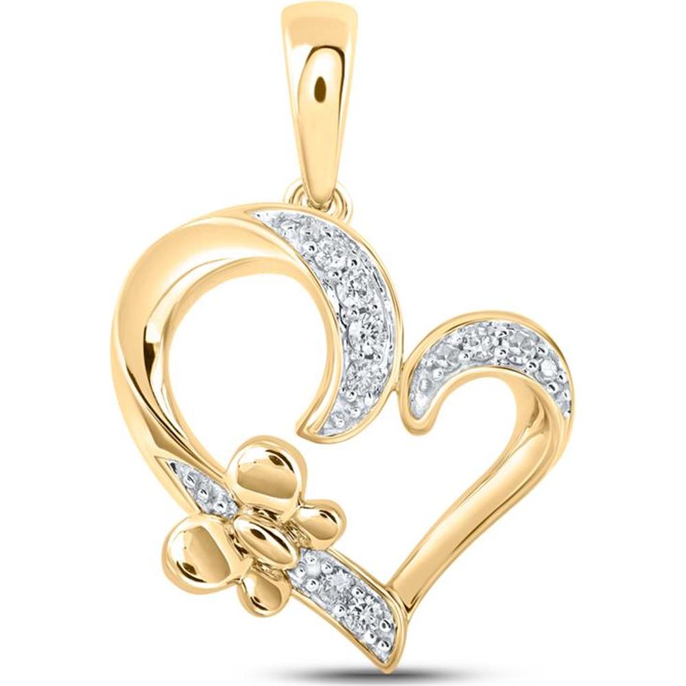10K Yellow Gold Round Diamond Butterfly Heart Pendant - 1/10 Carat Total Diamond Weight