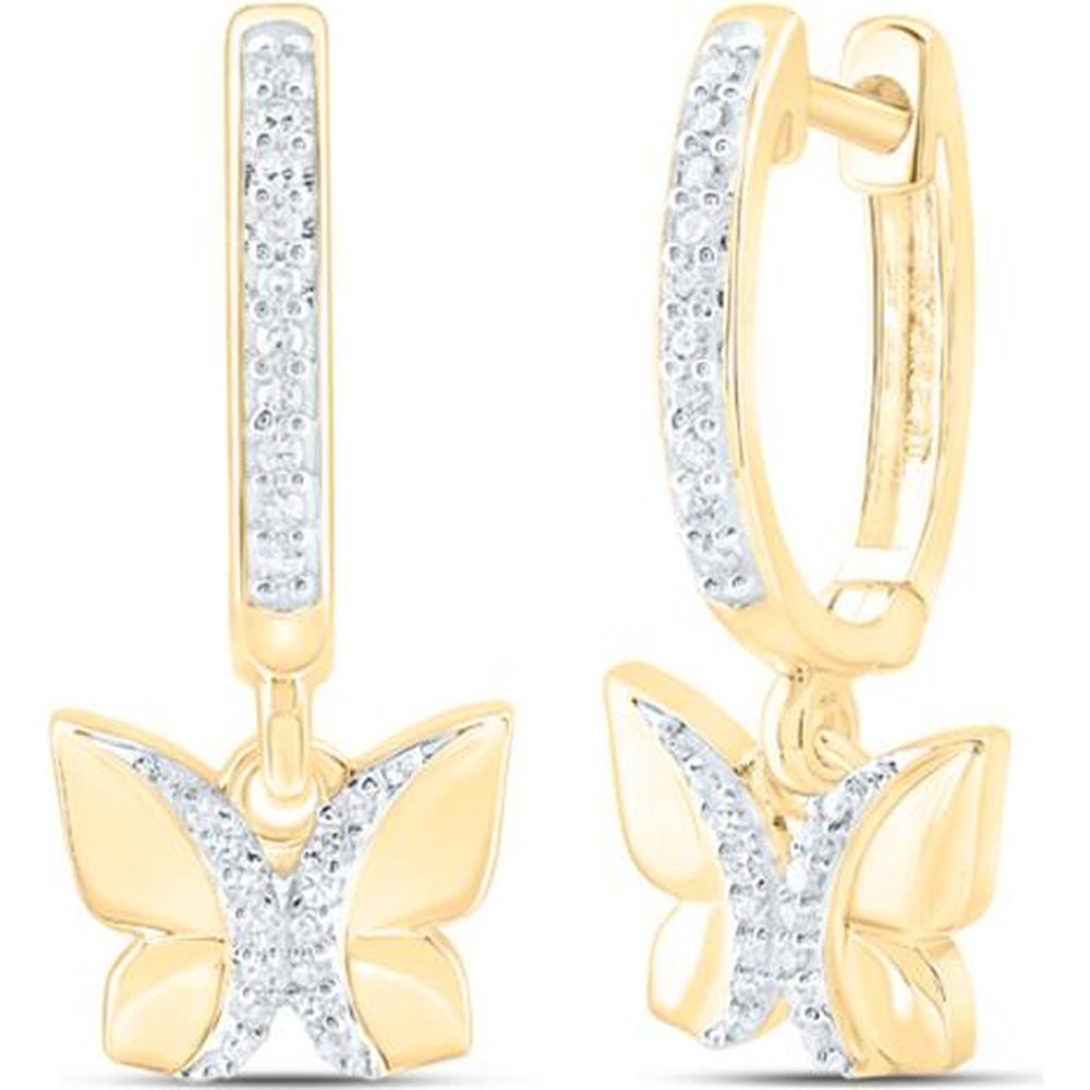 10K Yellow Gold Round Diamond Butterfly Hoop Dangle Earrings - 1/6 Carat Total Diamond Weight