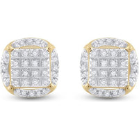 10K Yellow Gold Round Diamond Circle Cluster Stud Earrings with Pave and Channel Set Diamonds - 0.20 Carat Total Diamond Weight