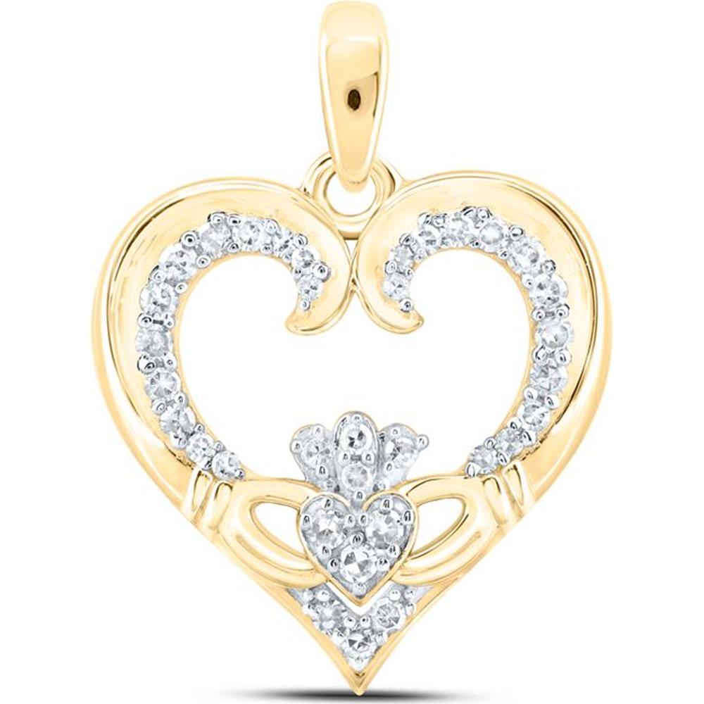 10K Yellow Gold Round Diamond Claddagh Heart Pendant - 1/6 Carat Total Diamond Weight