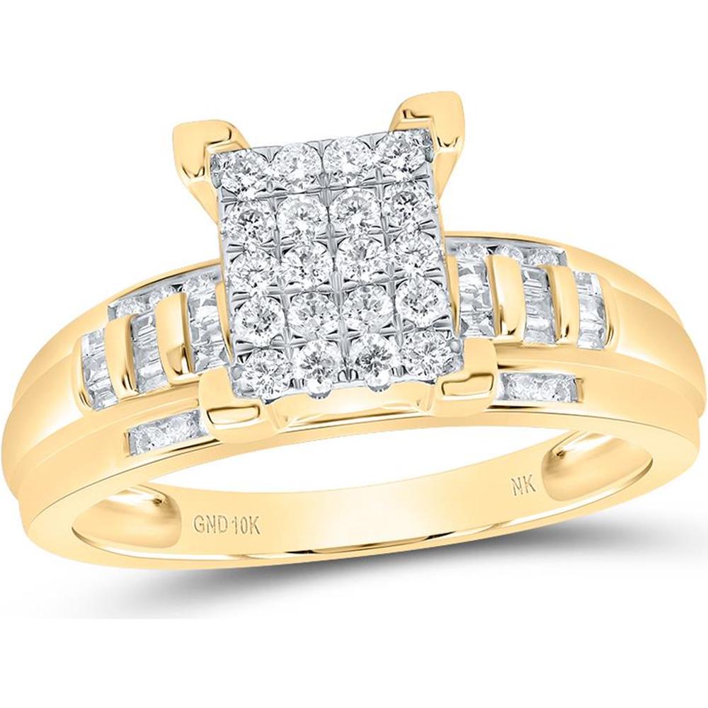 10K Yellow Gold Round Diamond Cluster Bridal Engagement Ring with Pave and Channel-Set Diamonds - 1/2 Carat Total Diamond Weight