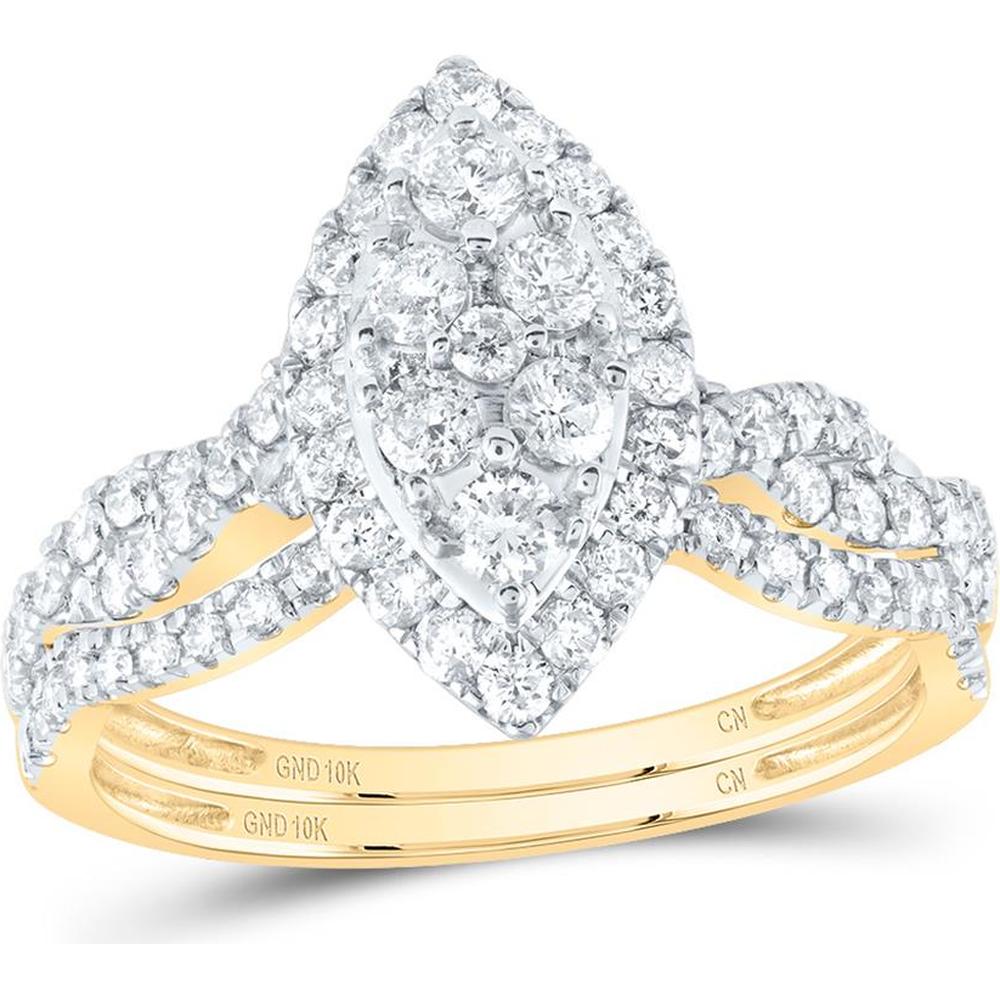 10K Yellow Gold Round Diamond Cluster Bridal Wedding Ring Set - 1.01 Carat Total Diamond Weight