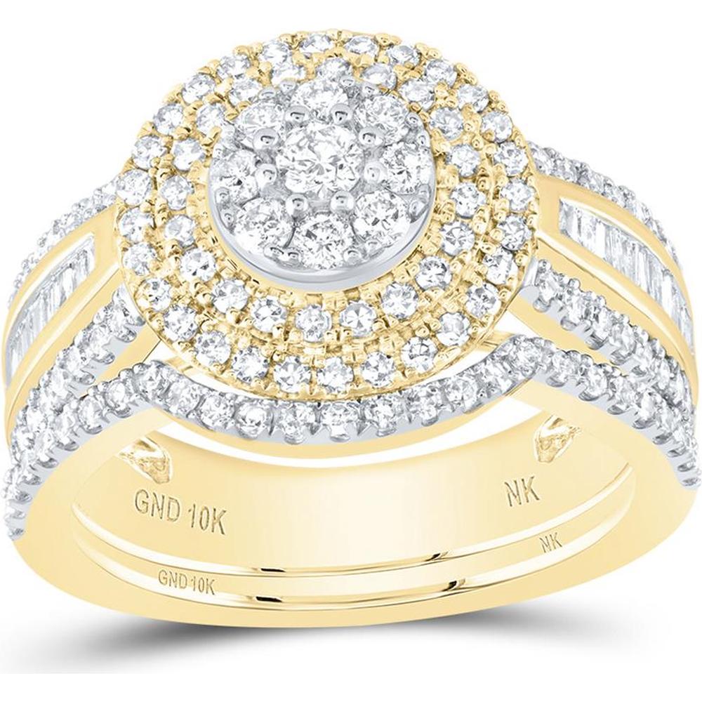 10K Yellow Gold Round Diamond Cluster Bridal Wedding Ring Set - 1.25 Carat Total Diamond Weight