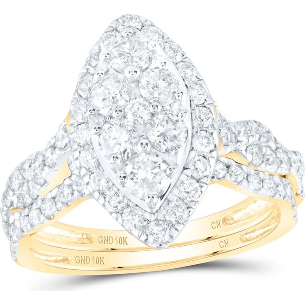 10K Yellow Gold Round Diamond Cluster Bridal Wedding Ring Set - 1.5 Carat Total Diamond Weight