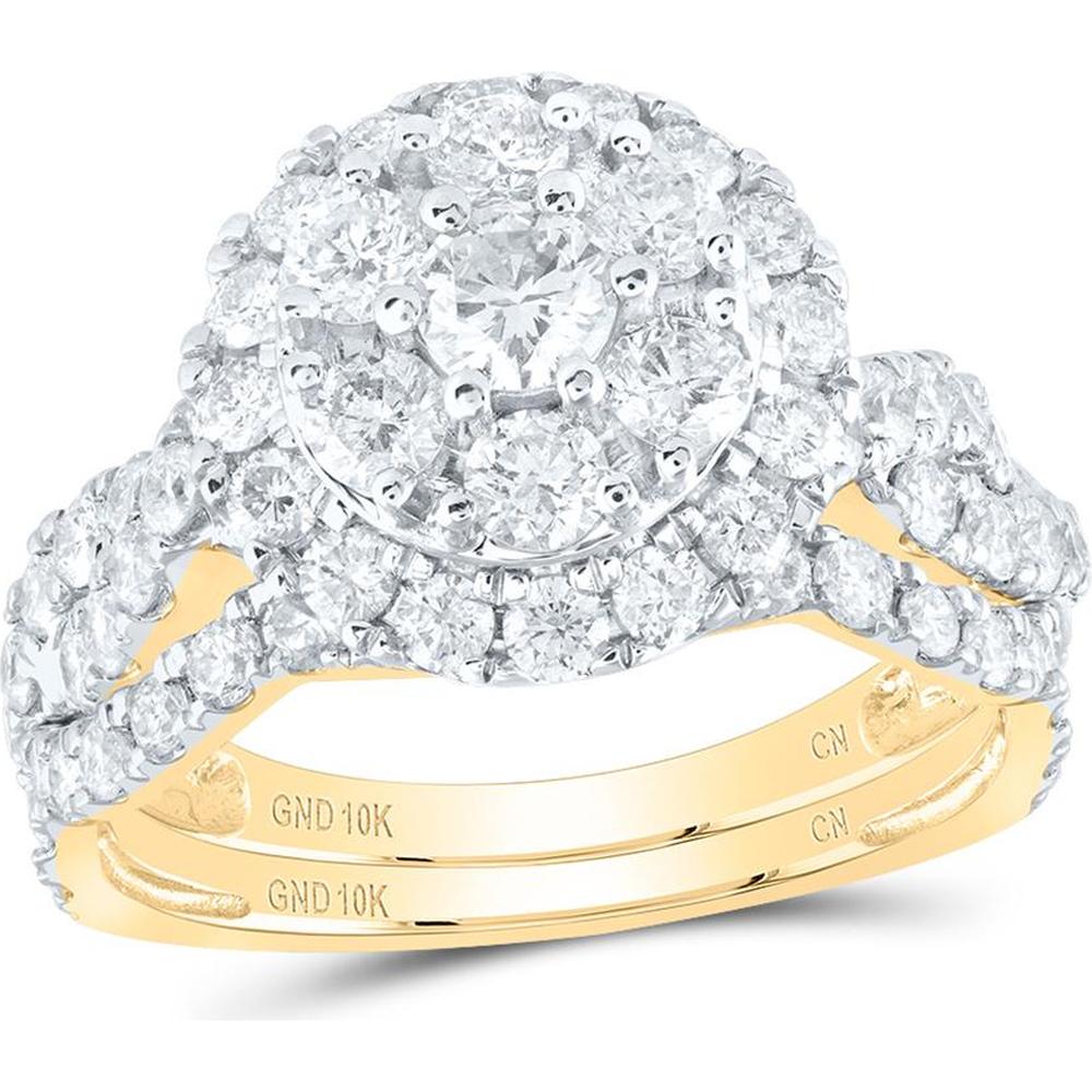 10K Yellow Gold Round Diamond Cluster Bridal Wedding Ring Set - 2 Carat Total Diamond Weight