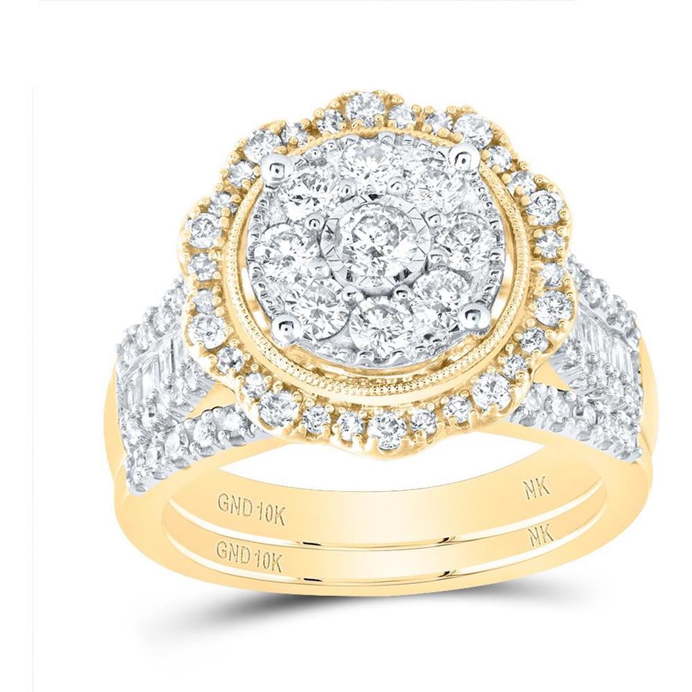 10K Yellow Gold Round Diamond Cluster Bridal Wedding Ring Set with Baguette Diamonds - 1.5 Carat Total Diamond Weight