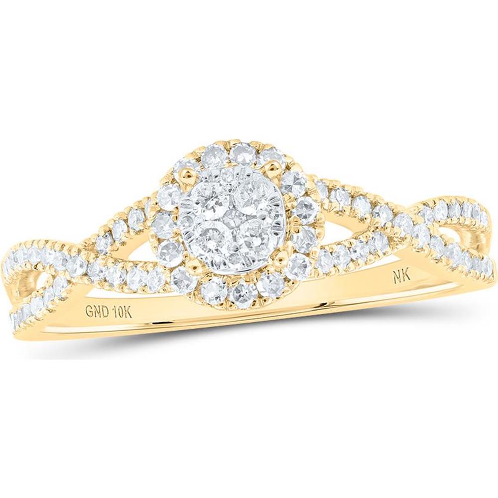10K Yellow Gold Round Diamond Cluster Crossover Ring with Halo - 0.38 Carat Total Diamond Weight