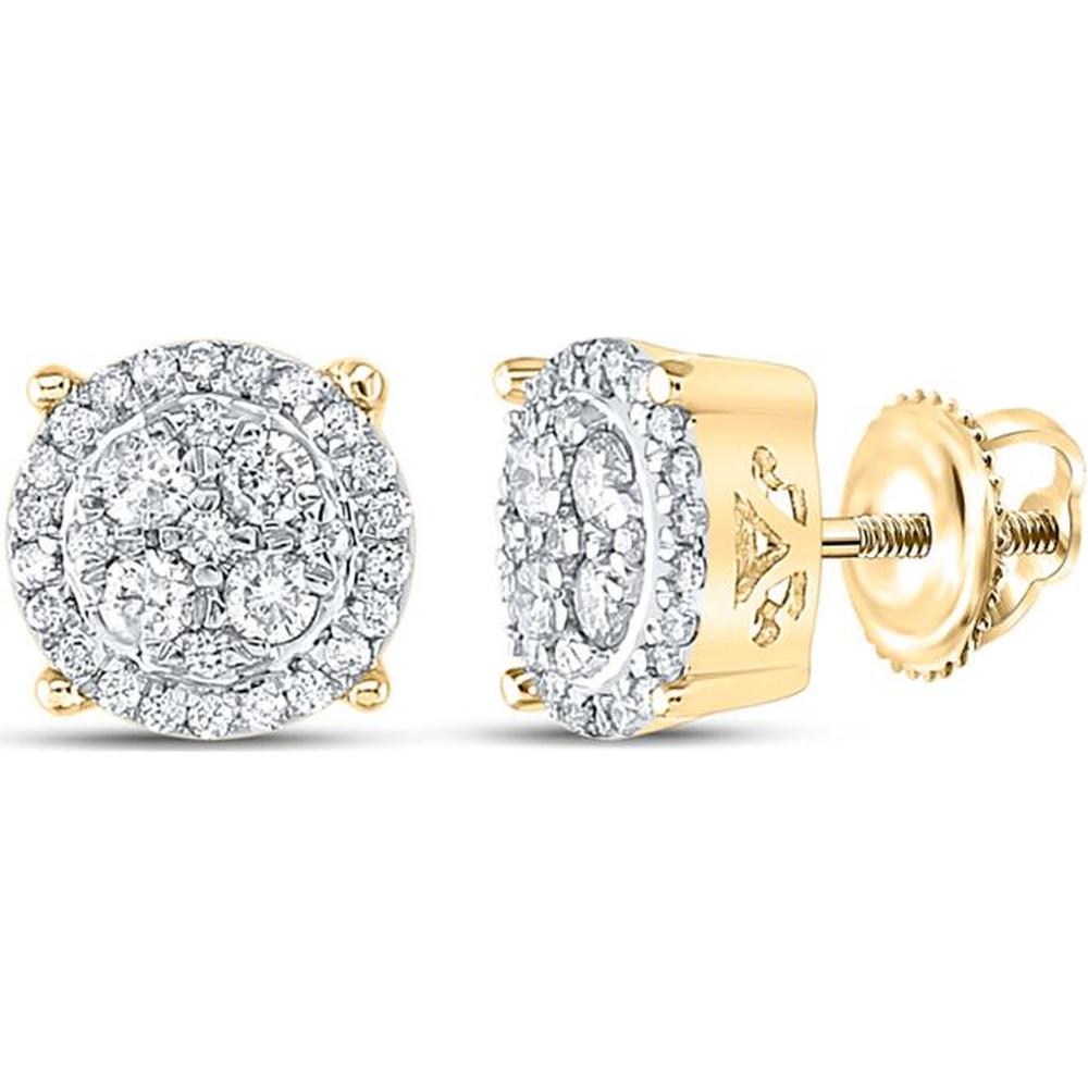 10K Yellow Gold Round Diamond Cluster Earrings - 1/2 Carat Total Diamond Weight