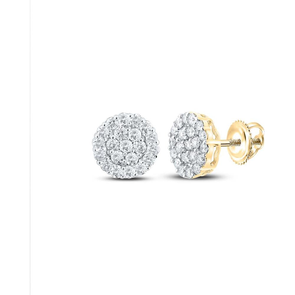 10K Yellow Gold Round Diamond Cluster Earrings - 1-3/8 Carat Total Diamond Weight