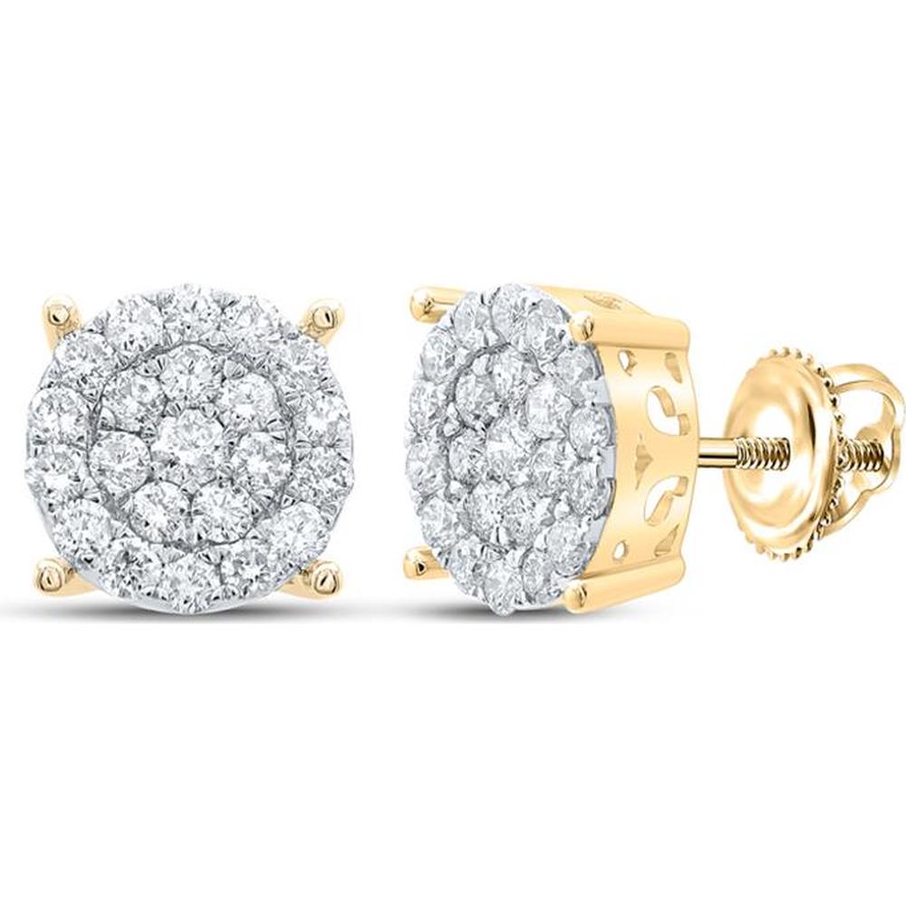 10K Yellow Gold Round Diamond Cluster Earrings - 1 Carat Total Diamond Weight