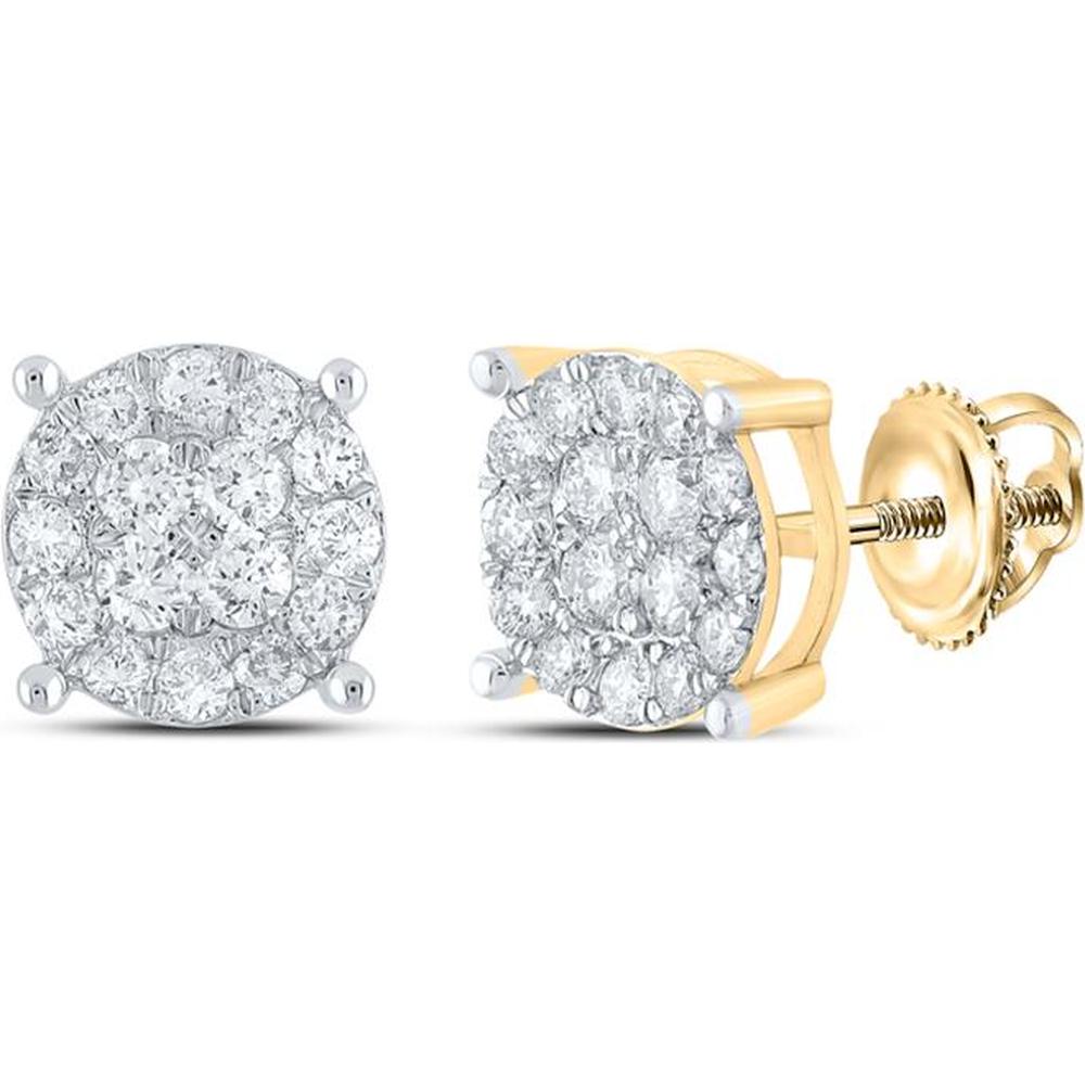 10K Yellow Gold Round Diamond Cluster Earrings - 3/4 Carat Total Diamond Weight