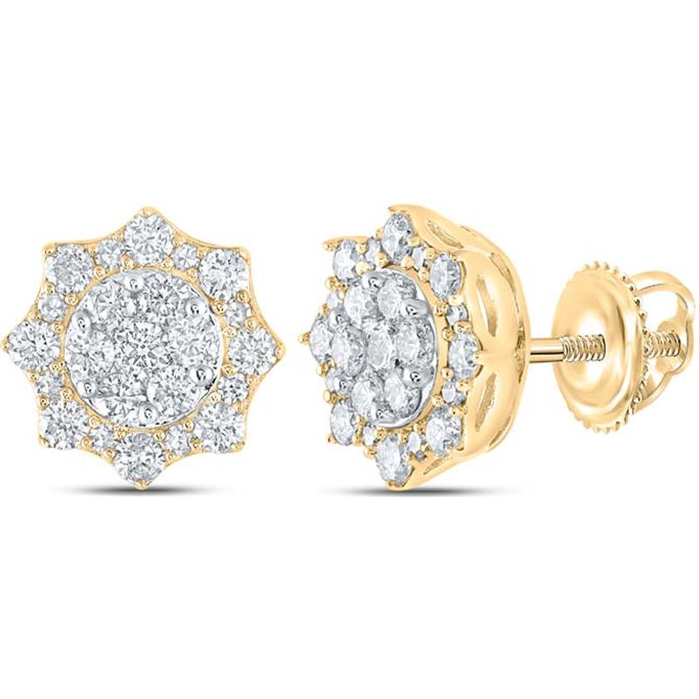 10K Yellow Gold Round Diamond Cluster Earrings - 3/4 Carat Total Diamond Weight