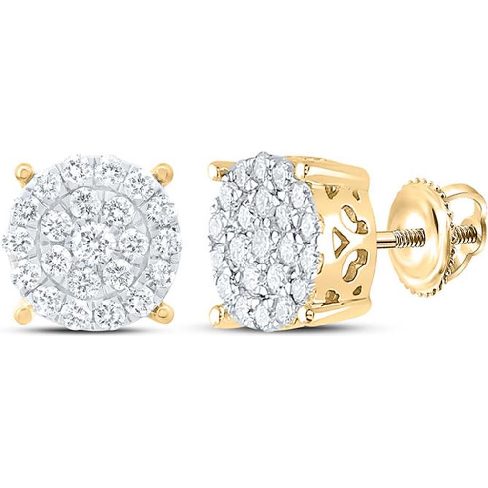 10K Yellow Gold Round Diamond Cluster Earrings with Pave-Set Round Diamonds - 1 Carat Total Diamond Weight