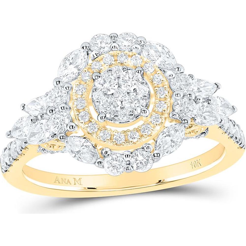 10K Yellow Gold Round Diamond Cluster Engagement Ring - 1.00 Carat Total Diamond Weight