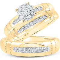 10K Yellow Gold Round Diamond Cluster Matching Wedding Ring Set - 1/2 Carat Total Diamond Weight