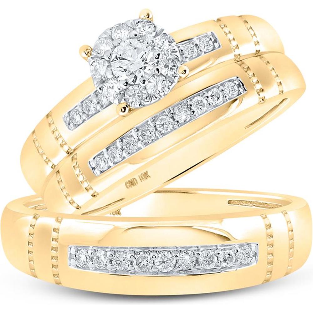 10K Yellow Gold Round Diamond Cluster Matching Wedding Ring Set - 1/2 Carat Total Diamond Weight