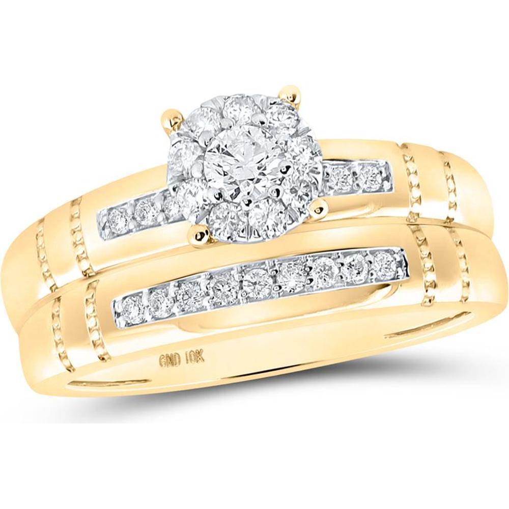 10K Yellow Gold Round Diamond Cluster Matching Wedding Ring Set - 1/2 Carat Total Diamond Weight