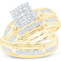 10K Yellow Gold Round Diamond Cluster Matching Wedding Ring Set - 1/2 Carat Total Diamond Weight