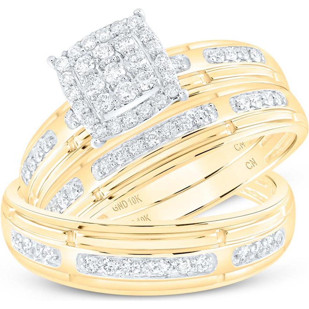 10K Yellow Gold Round Diamond Cluster Matching Wedding Ring Set - 1/2 Carat Total Diamond Weight