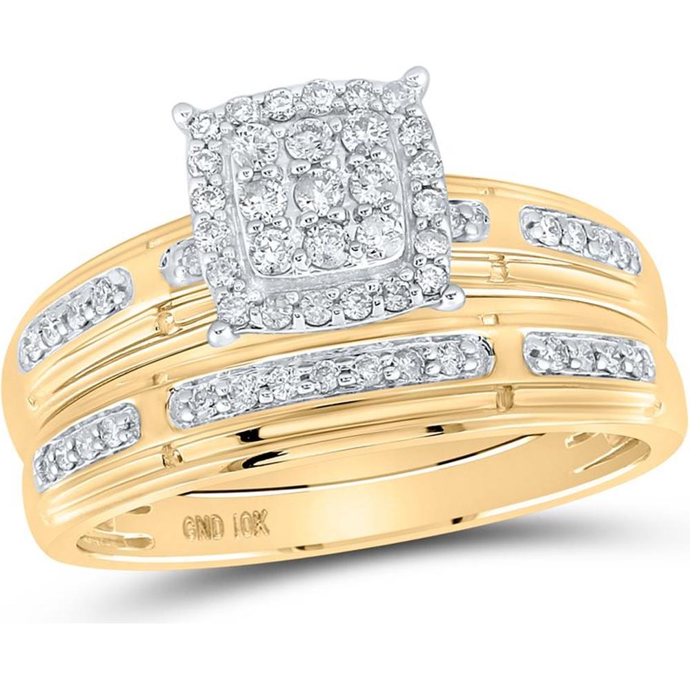 10K Yellow Gold Round Diamond Cluster Matching Wedding Ring Set - 1/2 Carat Total Diamond Weight