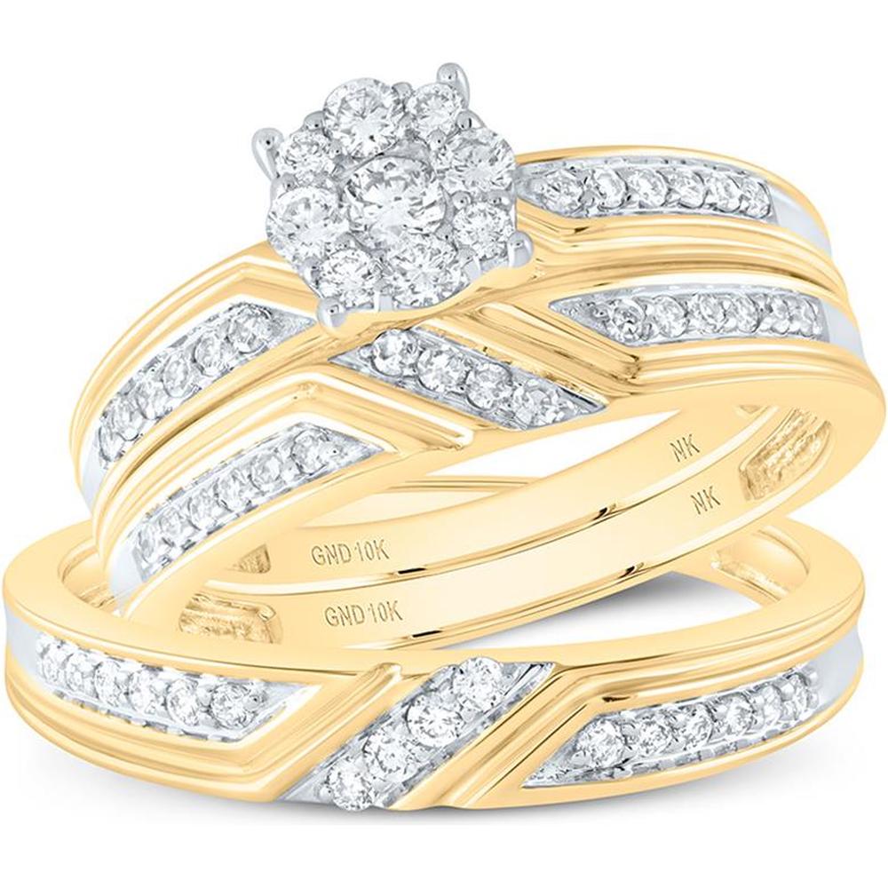 10K Yellow Gold Round Diamond Cluster Matching Wedding Ring Set - 1/2 Carat Total Diamond Weight