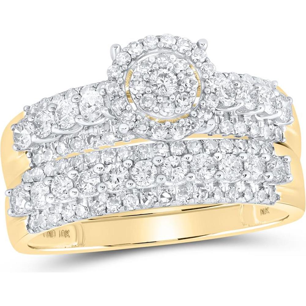 10K Yellow Gold Round Diamond Cluster Matching Wedding Ring Set - 1.75 Carat Total Diamond Weight