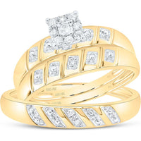 10K Yellow Gold Round Diamond Cluster Matching Wedding Ring Set with 1/8 Carat Total Diamond Weight