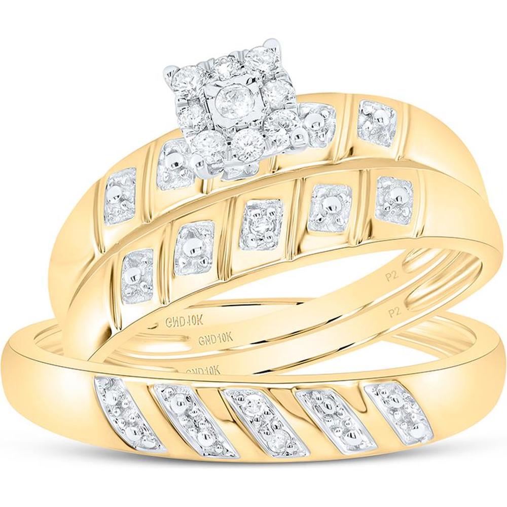 10K Yellow Gold Round Diamond Cluster Matching Wedding Ring Set with 1/8 Carat Total Diamond Weight