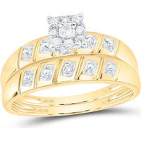 10K Yellow Gold Round Diamond Cluster Matching Wedding Ring Set with 1/8 Carat Total Diamond Weight
