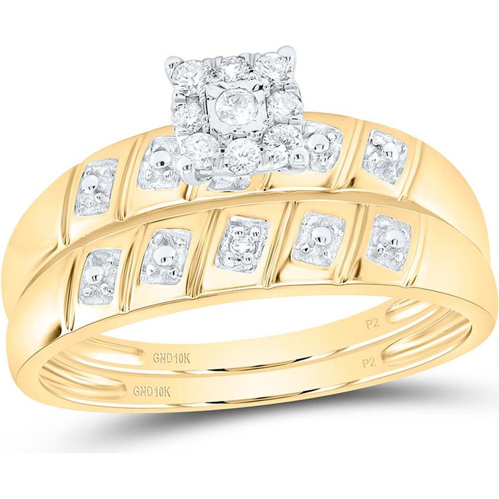 10K Yellow Gold Round Diamond Cluster Matching Wedding Ring Set with 1/8 Carat Total Diamond Weight