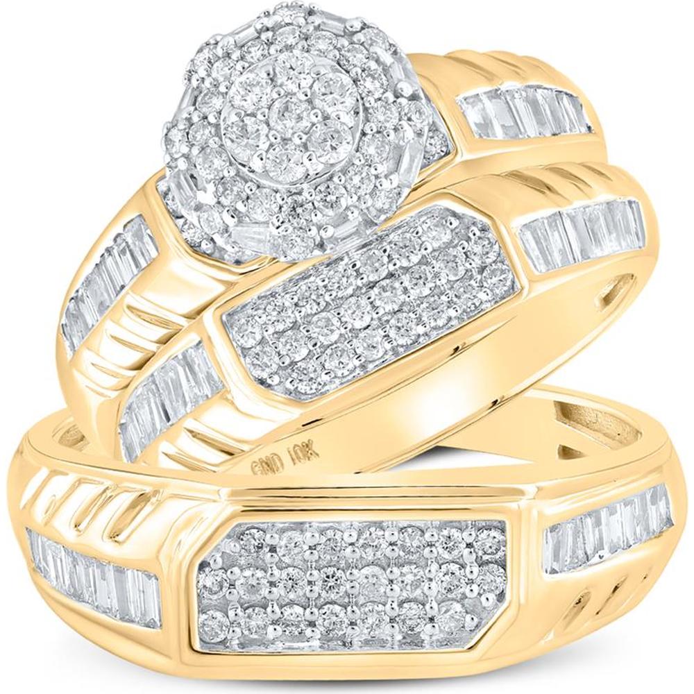 10K Yellow Gold Round Diamond Cluster Matching Wedding Ring Set with Baguette Diamonds - 1.01 Carat Total Diamond Weight