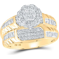10K Yellow Gold Round Diamond Cluster Matching Wedding Ring Set with Baguette Diamonds - 1.01 Carat Total Diamond Weight